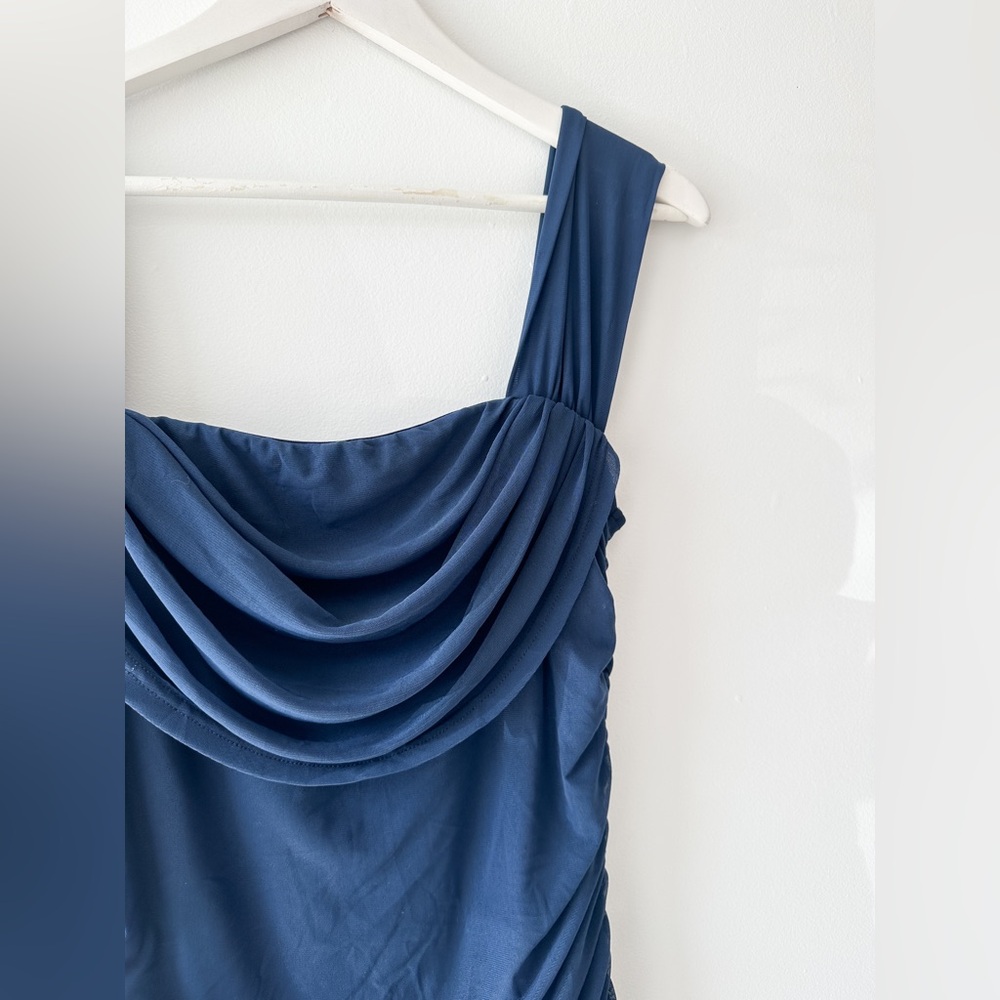 NWT - Navy Ruched Body con Tank/Off Shoulder Stretchy Dress - Large - Picture 4 of 10